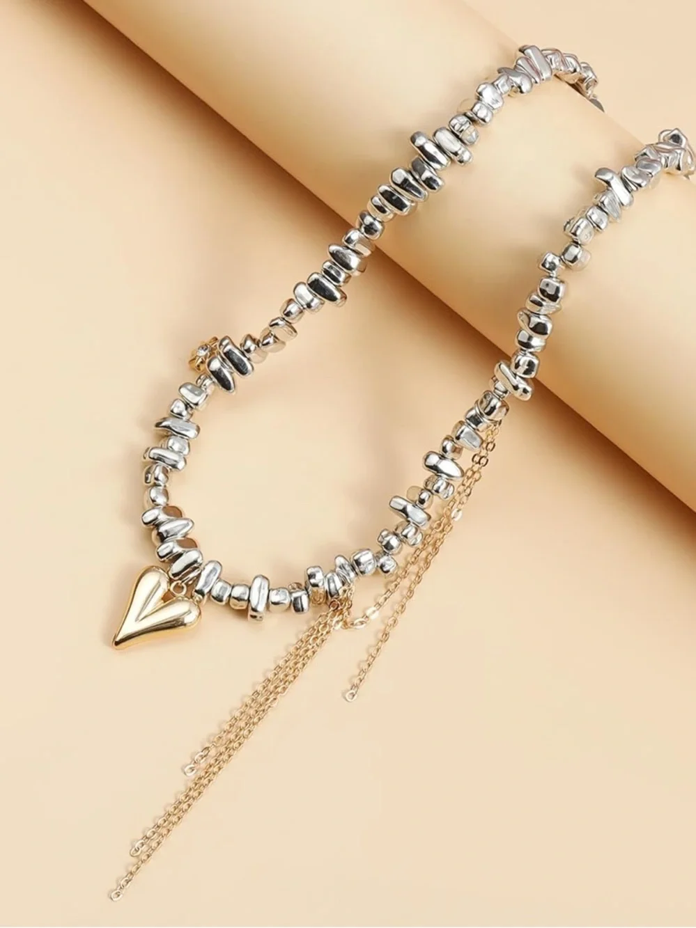 Silver and Gold Heart Pendant Mixed Color Choker Necklace